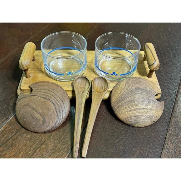 Vintage Teak Wood & Glass Condiment Set With Tray Lids & Spoons by Goodwood - Picture 4 of 10